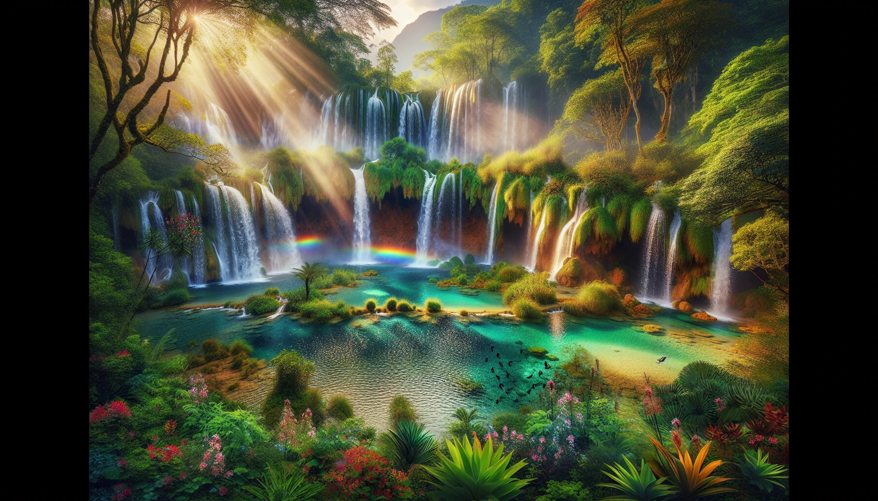 Envision a breathtaking scene where cascading waterfalls pour into a crystal-clear lagoon, surrounded by lush, vibrant foliage and exotic flowers. Sunlight filters through the trees, casting enchanting sparkles on the water's surface. Mist rises gently from the falls, creating rainbows in the air. A few colorful birds flit about, adding life and motion to this serene paradise, inviting viewers to lose themselves in its magical beauty.