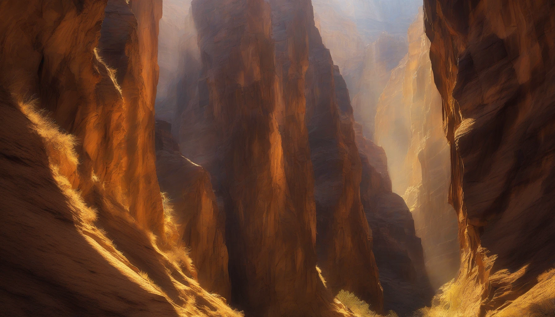 A breathtaking scene of a narrow canyon, where towering, jagged rock walls rise majestically on either side. Sunlight pierces through the crevices above, creating a mesmerizing dance of light and shadow on the canyon floor. The warm golden hues contrast with the cool, deep shadows, while wisps of mist linger near the ground, adding an ethereal quality to the tranquil atmosphere of this remote, untouched natural wonder.