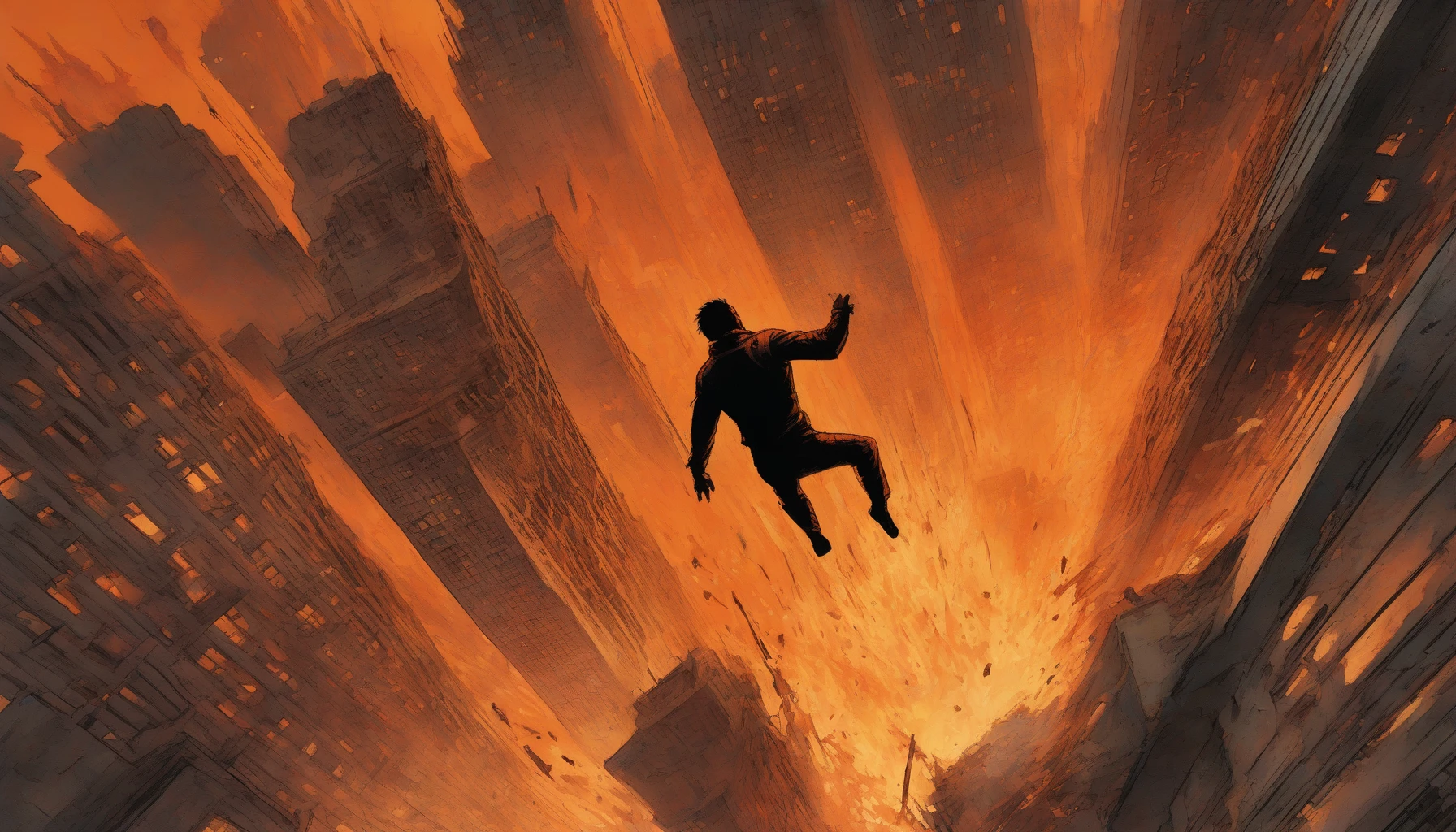 In a dramatic scene, a heroic figure vaults from a crumbling, fiery skyscraper, their silhouette stark against the orange glow of the blaze. Flames engulf the structure around them, casting flickering shadows as debris falls through the air. Below, a crowd gasps in awe and fear, embodying a sense of urgency and desperation. The leap captures a moment of bravery, defying the looming disaster with sheer determination.