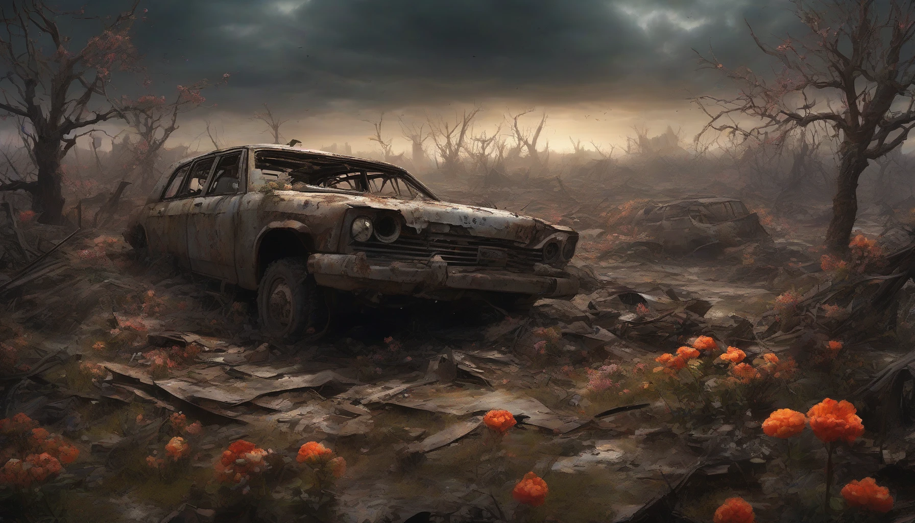 Visualize a colossal bomb crater, the earth turned to jagged edges and shadows, surrounded by a desolate wasteland. Broken remnants of civilization litter the periphery—a rusted vehicle half-sunken in the debris, wilted trees contorted by the force. Dark storm clouds loom overhead, casting an eerie light, while vibrant, resilient flowers push through the rubble, symbolizing life’s enduring spirit amidst destruction.