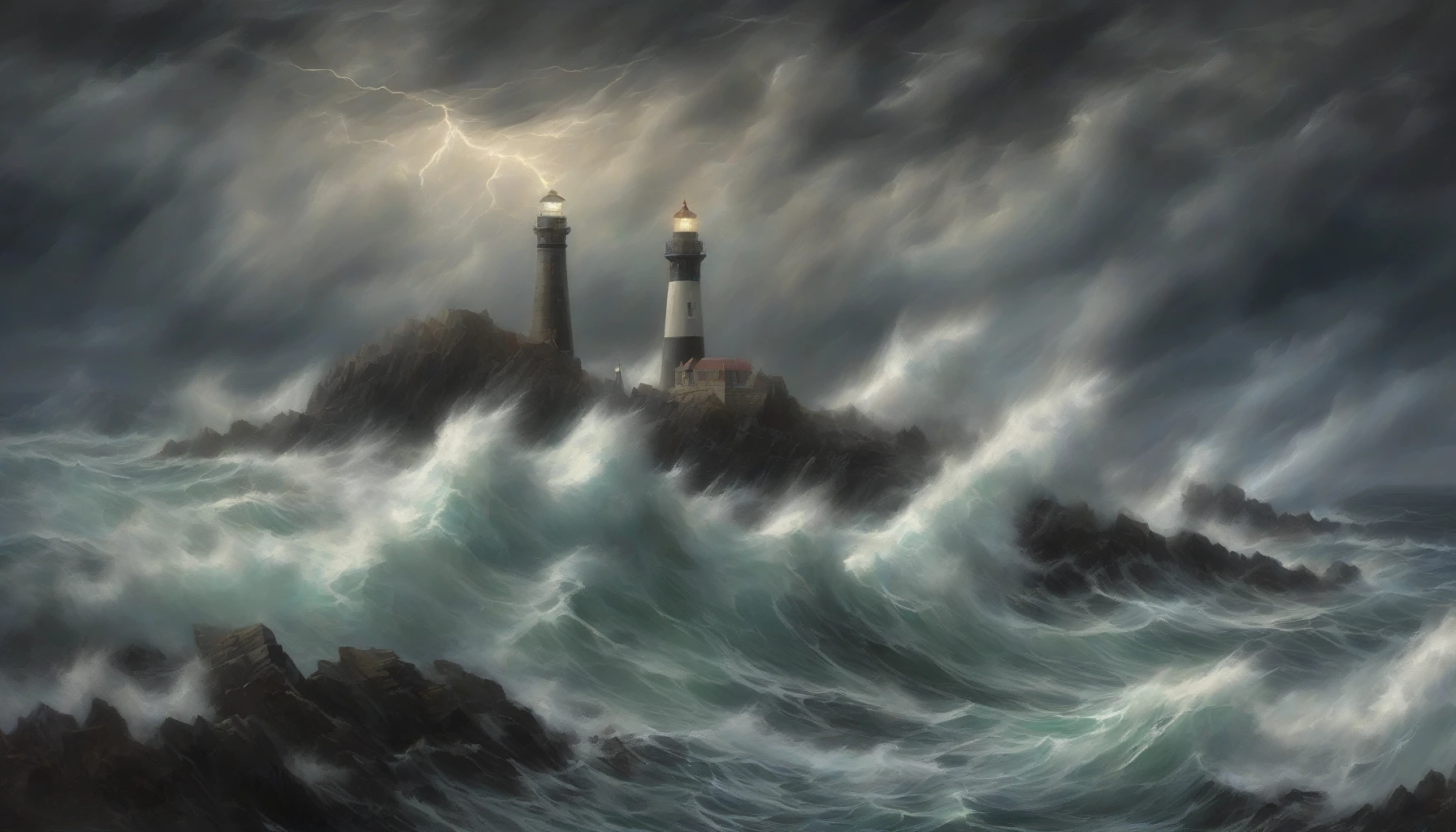 A tempestuous ocean roars under a darkened sky, its waves crashing fiercely against jagged rocks. In the distance, a lone lighthouse stands resilient, its beam of light slicing through the storm, offering a beacon of hope amidst chaos. The swirling clouds above are painted in hues of deep gray and white, while flashes of lightning illuminate the scene. The tension between nature's fury and the lighthouse's steadfastness creates a powerful visual narrative.