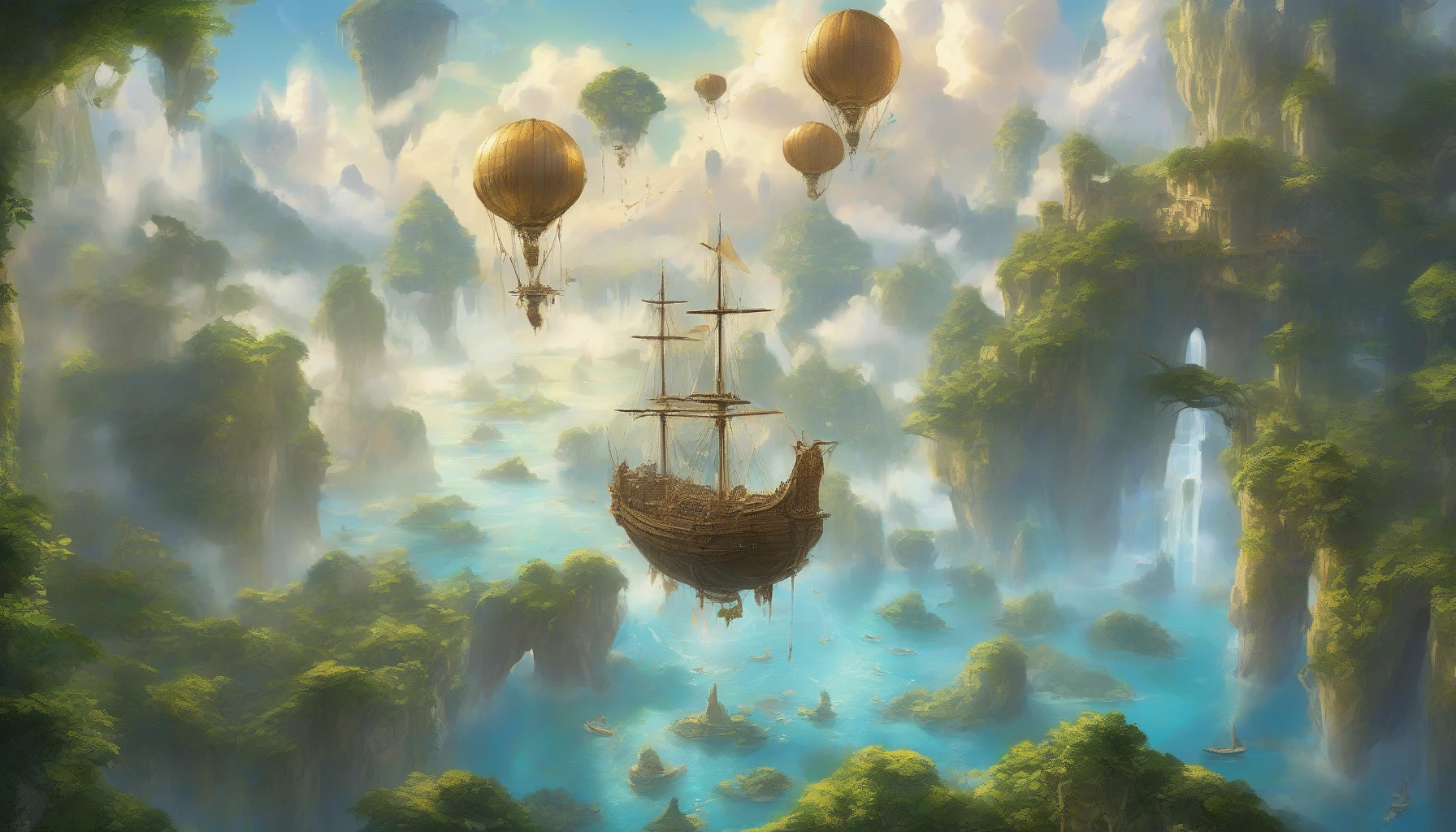 Imagine a breathtaking scene where vibrant, lush islands float in a cerulean sky, each suspended by ethereal strands of mist. Majestic airships with intricate sails glide gracefully between the islands, their hulls adorned with glowing runes. The sun casts a golden hue, illuminating waterfalls that cascade from the islands into the vast expanses below, creating a mesmerizing tapestry of nature and adventure in a fantastical world.