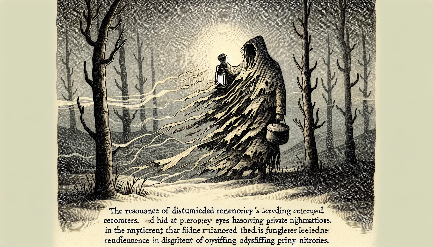 A lone figure traverses a fog-drenched forest, their silhouette shrouded in tattered cloaks that whisper tales of a mysterious past. Flickering lantern light illuminates their weathered face, revealing deep-set eyes filled with secrets. Gnarled trees reach toward the darkening sky, their branches like skeletal fingers, while silent echoes of forgotten memories linger in the cool, misty air, inviting the viewer to unravel the enigma of the wanderer's journey.