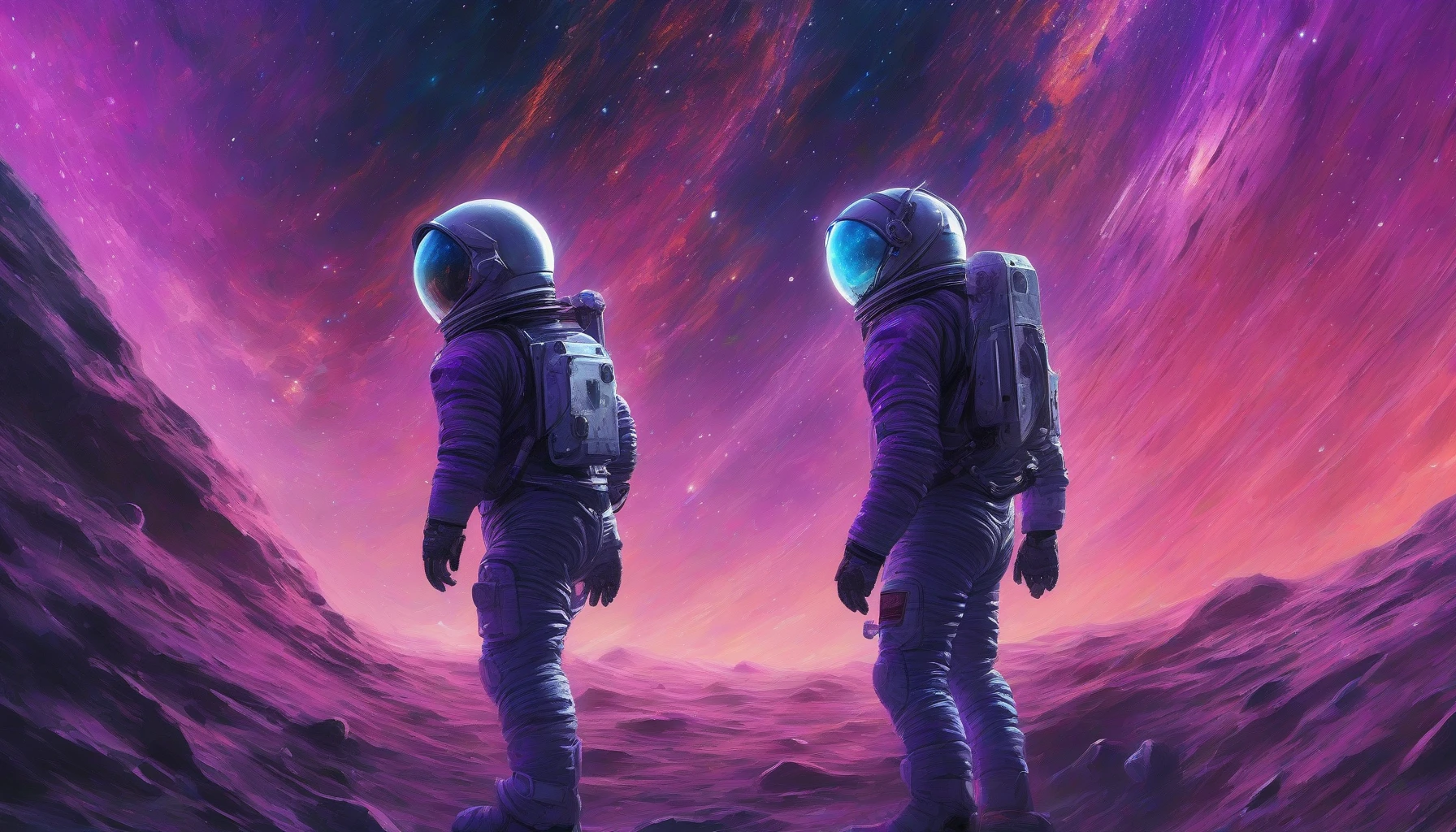 In a desolate expanse of cosmic beauty, a lone space explorer drifts through the void, their damaged spacesuit a testament to a harrowing journey. The suit, riddled with scars and punctures, glimmers under distant starlight, revealing the remnants of a once-bright insignia. Nebulas swirl in vibrant hues of purple and blue around them, contrasting the stark silence of space, evoking a haunting yet awe-inspiring sense of isolation.