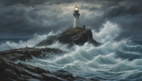 Imagine a turbulent sea, waves crashing furiously against jagged rocks, casting up sprays of frothy white water. In the distance, a resilient lighthouse stands tall, its beacon flashing through the dark, ominous clouds that swirl overhead. The sky, an intense palette of grays and blues, reflects the tumult below, while the lighthouse symbolizes hope and safety amidst the chaos of nature’s fury.