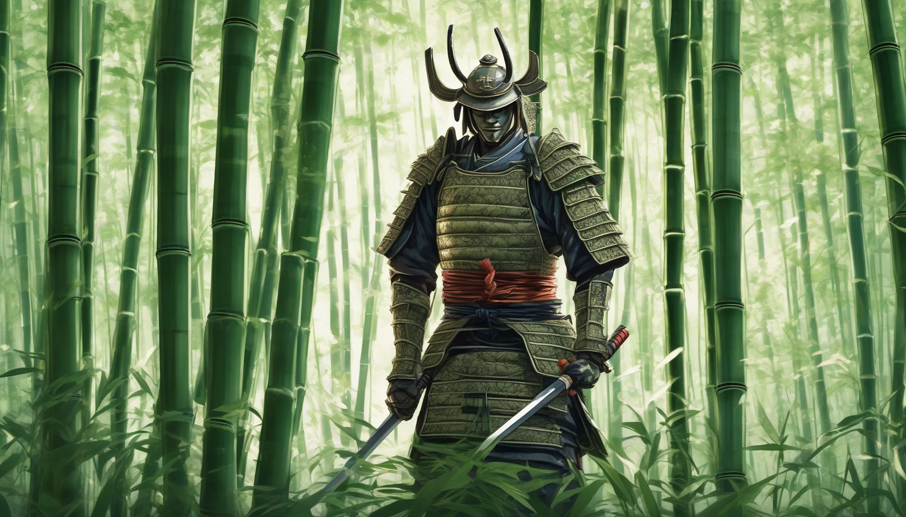A lone samurai stands resolute in a serene bamboo forest, the sun filtering through the towering green stalks, casting dappled shadows on the forest floor. Clad in intricate, traditional armor, the warrior's katana gleams with a silent promise of strength and honor. The gentle rustle of bamboo leaves whispers tales of ancient battles, while delicate cherry blossoms drift around, evoking a sense of timeless tranquility and fierce spirit.