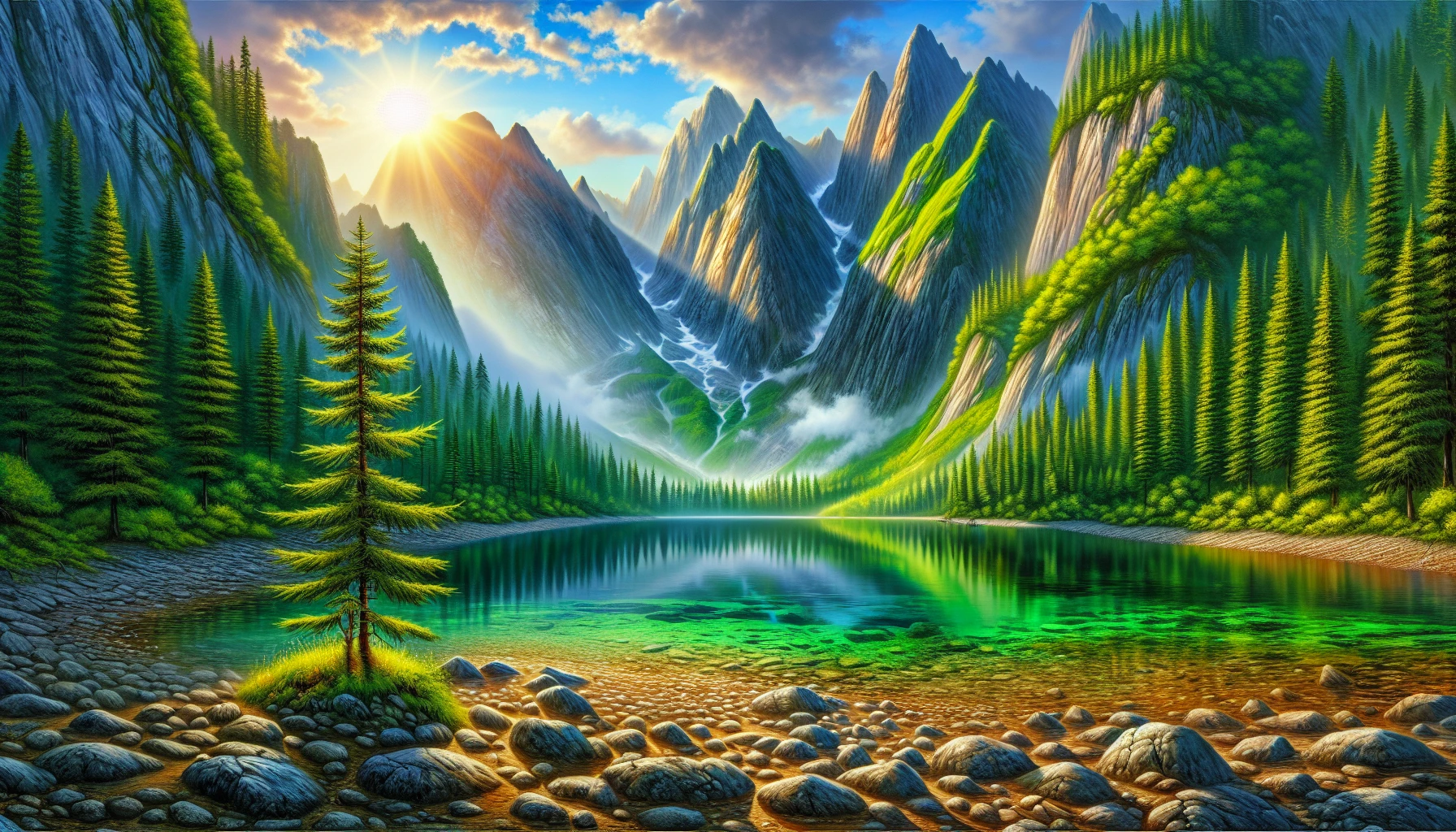 Capture the tranquil beauty of a hidden mountain lake, nestled between towering peaks draped in lush greenery. The lake's crystal-clear waters reflect the vibrant hues of a setting sun, casting a warm glow across the rocky shore. Wisps of fog gently rise from the surface, while a lone pine tree stands sentinel at the water's edge, inviting viewers into this enchanting, serene landscape.