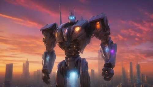 In a futuristic cityscape, a colossal robot towers over skyscrapers, its metallic body shimmering under a vibrant sunset. Energy crackles around its outstretched arm as it channels a brilliant beam of radiant light, illuminating the night sky. The air is charged with anticipation as the power surges through the robot, casting dramatic shadows and reflecting off glass facades, evoking awe and power in every onlooker's heart.