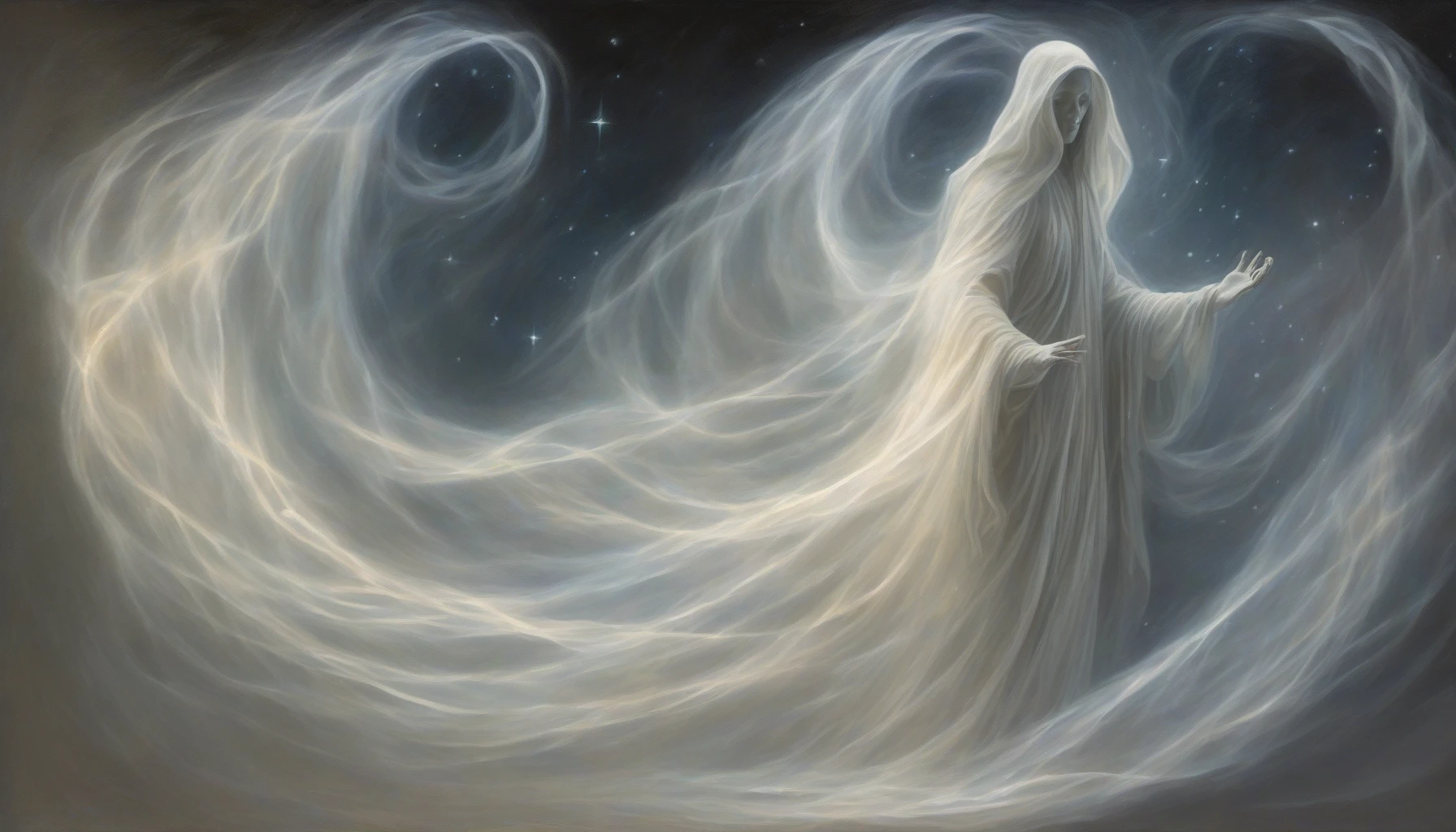 A haunting ghostly figure draped in flowing, translucent robes emerges from the shadows, radiating a soft, glowing aura that illuminates the surroundings. The spectral form features ethereal features, with eyes shimmering like distant stars, while the air around it crackles with a mystical energy. Wisps of light shimmer and swirl, creating a mesmerizing dance of luminescence that enchants and captivates all who behold it.