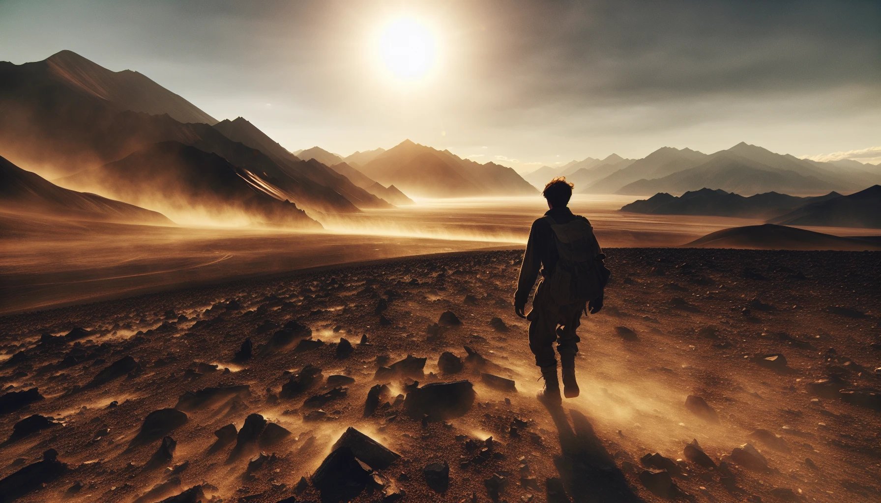 A solitary traveler trudges across a parched, cracked landscape under a blazing sun. Dust swirls around their worn boots, while distant mountains loom, shrouded in heatwaves. The horizon stretches endlessly, a gradient of browns and golds, emphasizing the starkness of the terrain. Tattered clothes cling to their frame, suggesting a long journey. In their eyes, a glimmer of determination reflects the harsh beauty of survival against the elements.