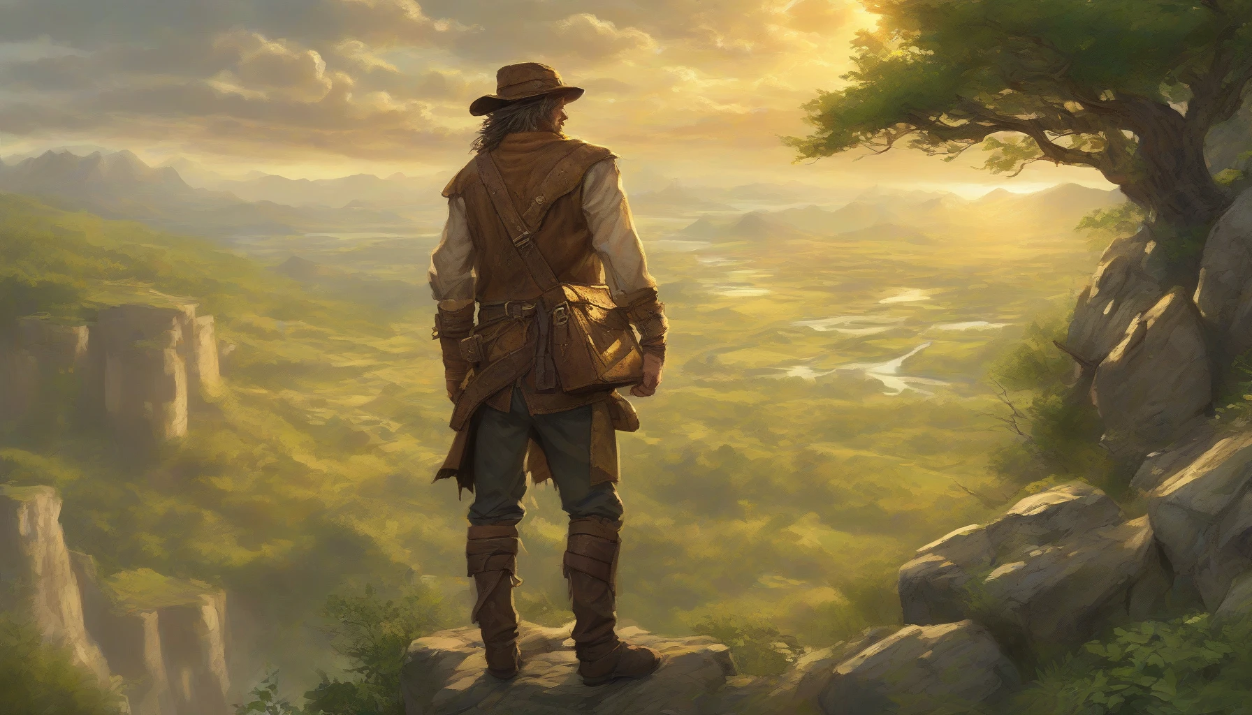 Imagine a rugged adventurer standing on a rocky cliff, clutching an ancient, weathered treasure map that flutters in the wind. The golden sun sets behind him, casting a warm glow over the wild landscape. Lush green forests spread out below, hinting at secrets waiting to be uncovered. Dressed in sturdy leather gear, a determined glint in his eyes reflects the thrill of the quest for hidden riches and undiscovered lands.