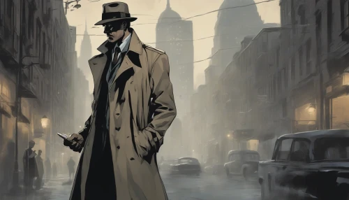 In a dimly lit alley, a suave detective clad in a classic trench coat holds a gleaming magnifying glass up to a scattered array of cryptic clues. Shadows dance around him, emphasizing his keen gaze and furrowed brow as he immerses himself in the enigma. The city skyline looms in the background, shrouded in fog, hinting at secrets waiting to be uncovered in the night.