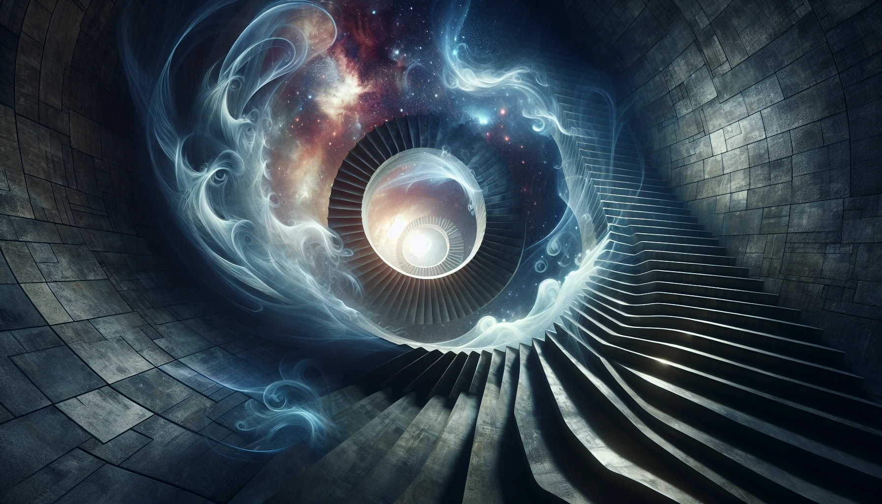 Visualize an infinite spiral staircase extending endlessly into a swirling void, where shadows and light play in a mesmerizing dance. As the staircase twists and turns, ethereal wisps of mist rise, enveloping the steps with an air of mystery. Below, a glowing luminescence hints at the unknown depths, while a starry cosmos spirals in the background, evoking a sense of wonder and infinite exploration.