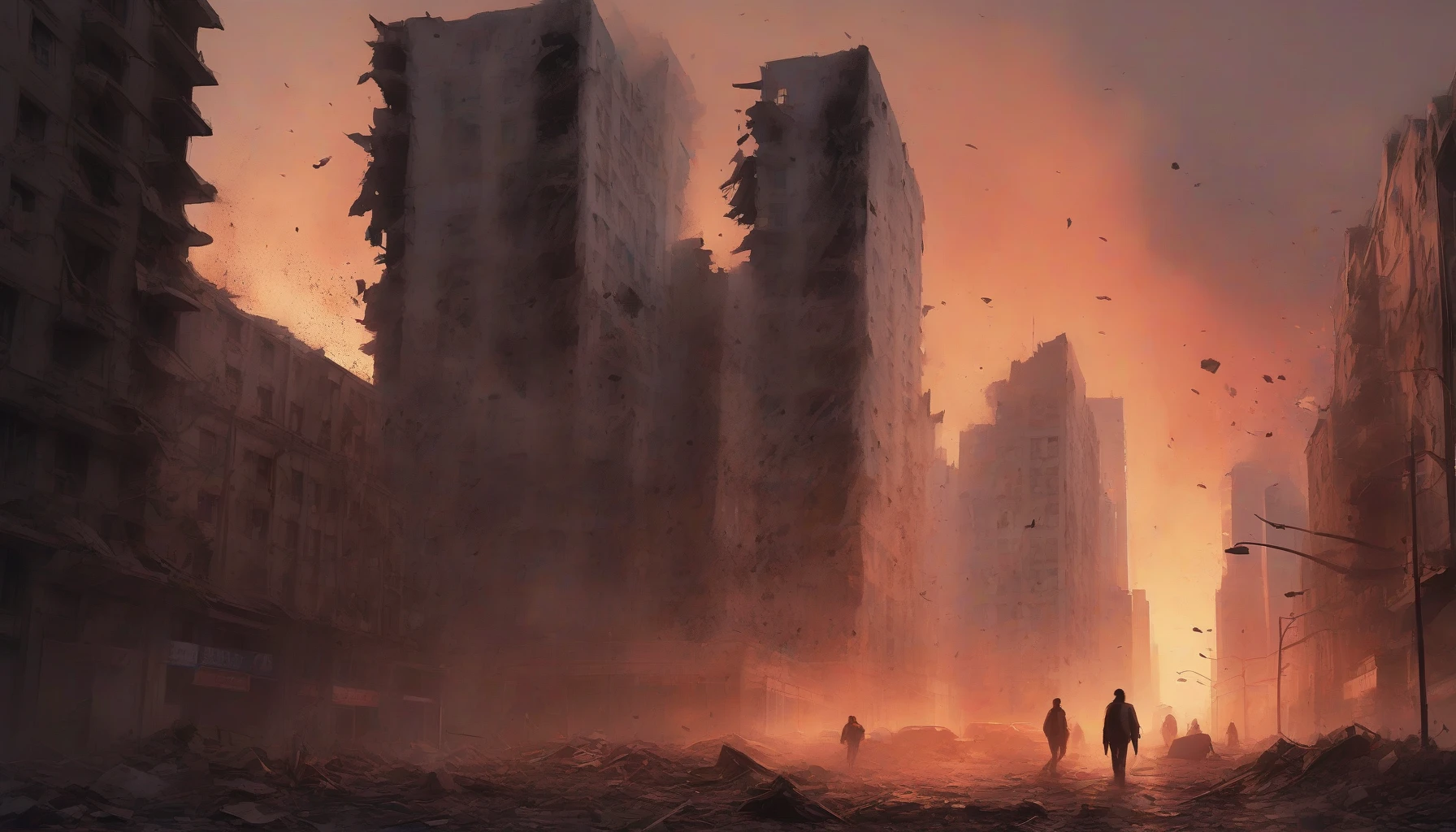 In a haunting urban landscape, a once-majestic skyscraper lies in ruins, its steel and glass facade crumbled, littering the surrounding streets. The air is thick with dust and smoke, illuminated by a fiery sunset casting eerie shadows. Debris scatters across sidewalks, echoing the chaos of an airstrike. Silhouettes of distant buildings loom, a reminder of the city's lost grandeur amidst the devastation.