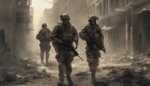 In a desolate urban landscape, soldiers clad in battle-worn armor advance through crumbling buildings and shattered streets. The air is thick with dust and the echoes of distant explosions. Sunlight pierces through the smoky haze, casting eerie shadows on their determined faces. Each soldier carries the weight of history, embodying the relentless spirit of survival in a world forever altered by conflict.