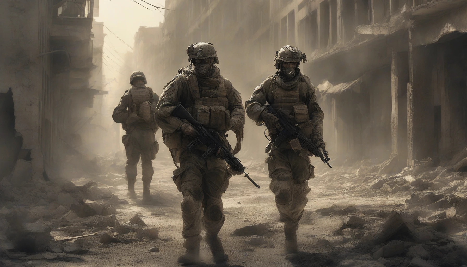 In a desolate urban landscape, soldiers clad in battle-worn armor advance through crumbling buildings and shattered streets. The air is thick with dust and the echoes of distant explosions. Sunlight pierces through the smoky haze, casting eerie shadows on their determined faces. Each soldier carries the weight of history, embodying the relentless spirit of survival in a world forever altered by conflict.