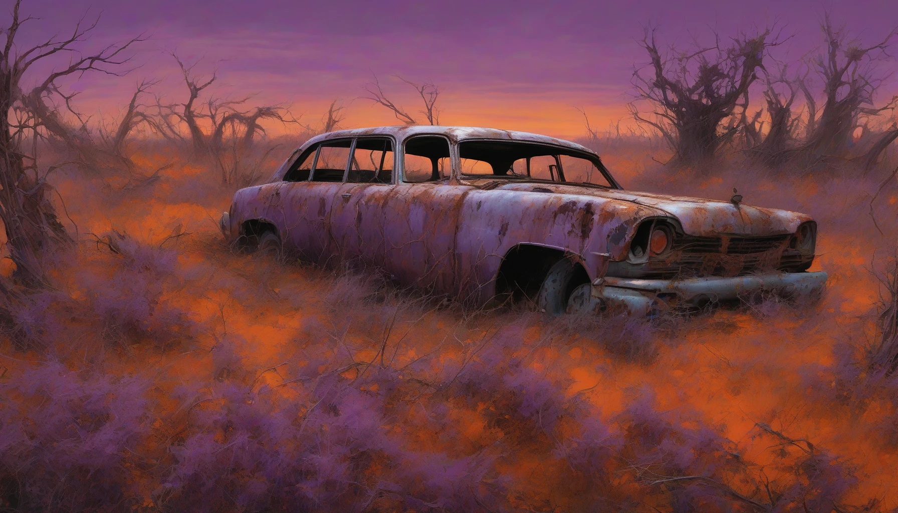 Envision a haunting scene where nature reclaims a desolate battlefield, littered with rusting vehicles standing as silent sentinels of a forgotten conflict. Overgrown vegetation envelops twisted metal, while the sky, painted in hues of orange and purple, hints at an impending storm. Flickering shadows dance among the remnants, evoking a sense of lost glory and the enduring echoes of battles once fought.