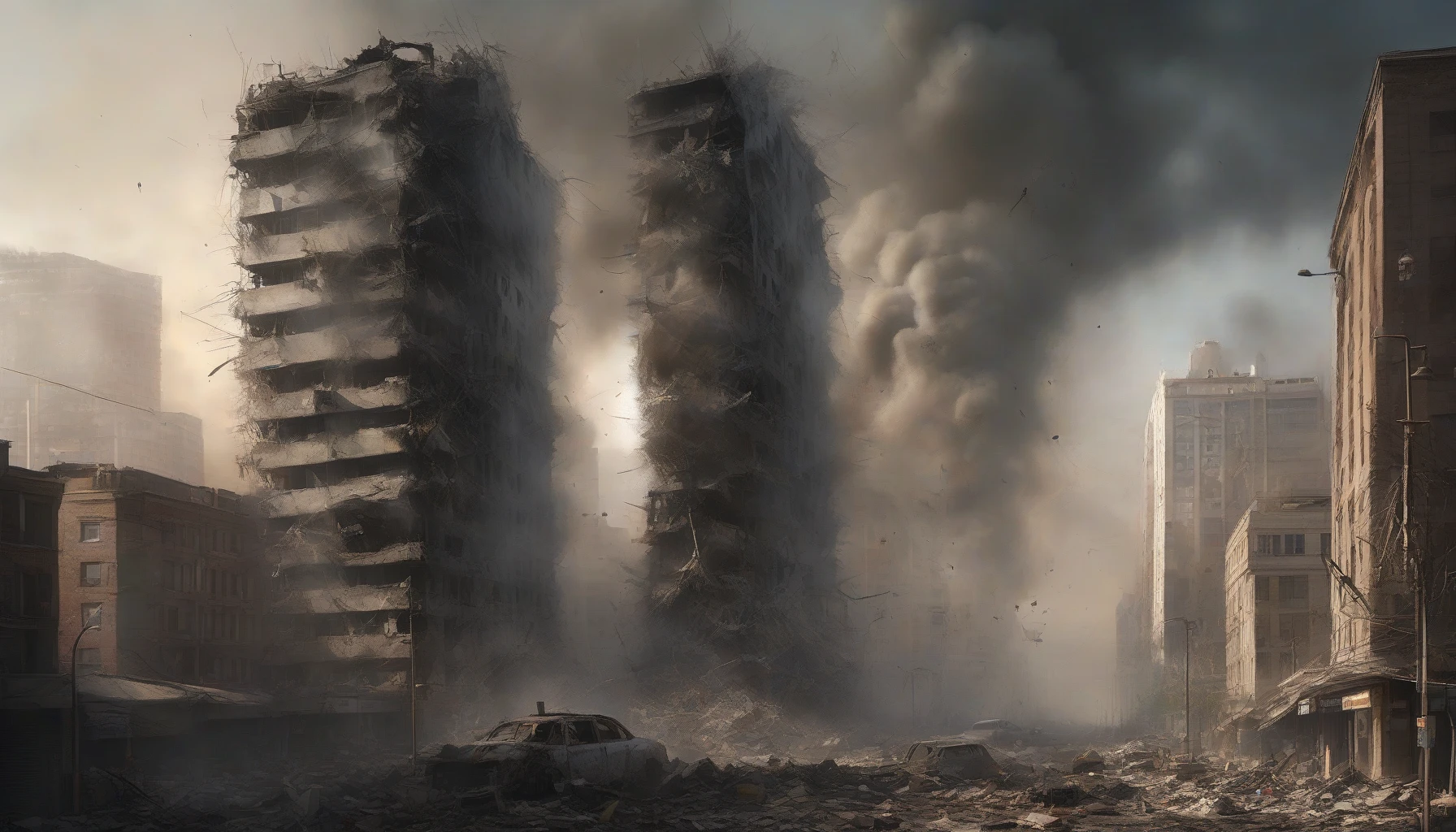 A powerful scene captures a skyscraper, its twisted metal and shattered glass reflecting the chaos of an airstrike's aftermath. Smoke billows from the debris as sunlight struggles to pierce through the haze, casting eerie shadows across the desolate streets below. The remnants of urban life, scattered remnants and faint echoes, tell a haunting story of destruction, resilience, and the remnants of human aspiration amidst the ruins.