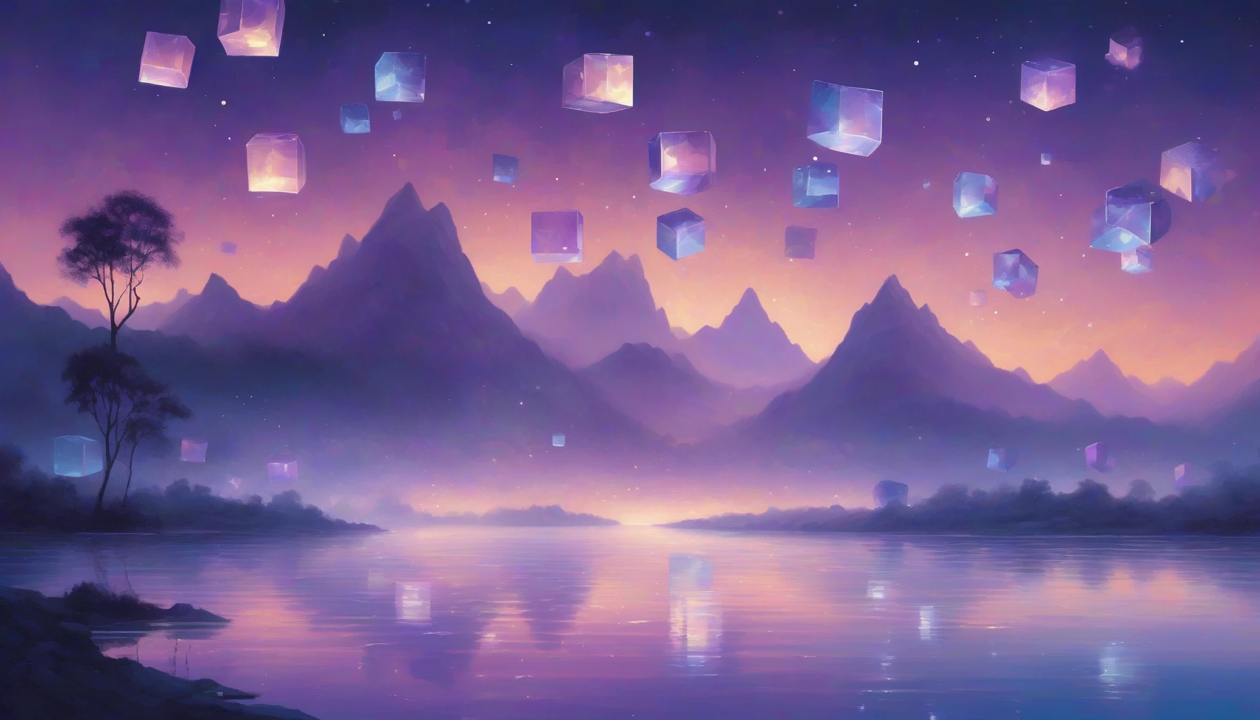 Imagine a serene landscape where floating cubes of various sizes gently hover amidst a twilight sky. Each cube emits a soft, pulsating glow in shades of blue and violet, casting delicate reflections on a tranquil lake below. Surrounding the scene are wisps of mist that dance in the cool breeze, while distant mountains loom under a star-studded canopy, creating a harmonious blend of light and tranquility.