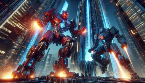 In a futuristic cityscape, two colossal mechs face off amidst towering skyscrapers. One mech, adorned in sleek crimson armor, unleashes a torrent of plasma energy, while its rival, decked in rugged cobalt, counters with a barrage of missiles. The ground trembles as skyscrapers shatter from the impact, and sparks fly, illuminating the night sky. This gripping moment captures the essence of power, technology, and ferocity in a stunning visual display.