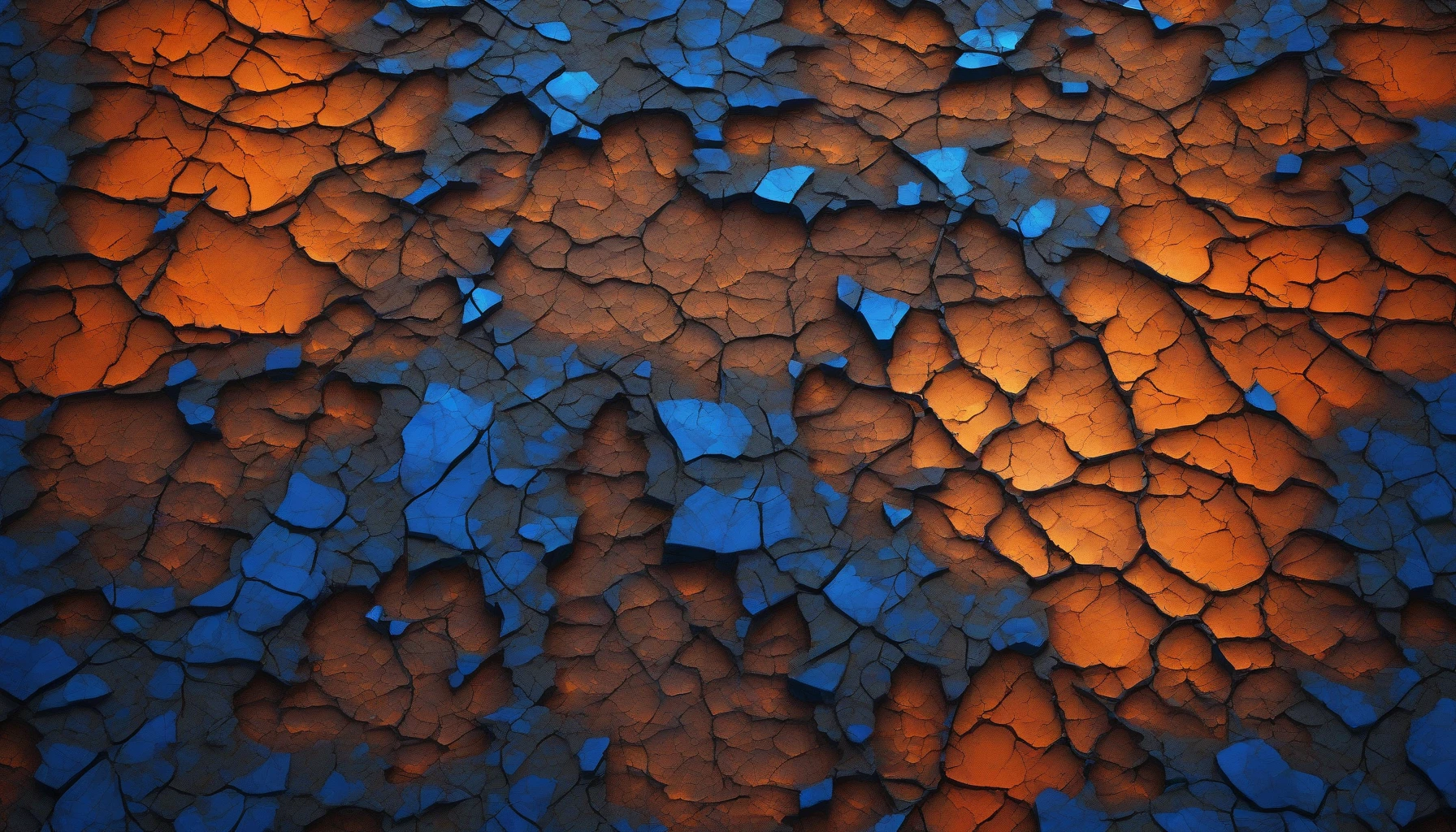 A mesmerizing image of a cracked surface, where jagged fissures reveal an otherworldly glow emanating from beneath. The energy pulses with vibrant hues of electric blue and fiery orange, creating a striking contrast against the dark, textured backdrop. Shadows dance across the fractured ground, enhancing the mysterious allure of the scene. This captivating visual invites viewers to explore the hidden power that lurks just beneath the surface.