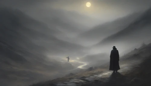 In a fog-drenched valley, a solitary figure stands cloaked in an tattered, dark coat that flutters in the bitter wind. The glow of a distant lantern casts flickering shadows, revealing glimpses of a weathered map clutched tightly in one hand. Torn boots signify long journeys, while a haunting gaze hints at a turbulent past filled with untold stories. The traveler’s path leads to a hidden destiny, shrouded in mystery.