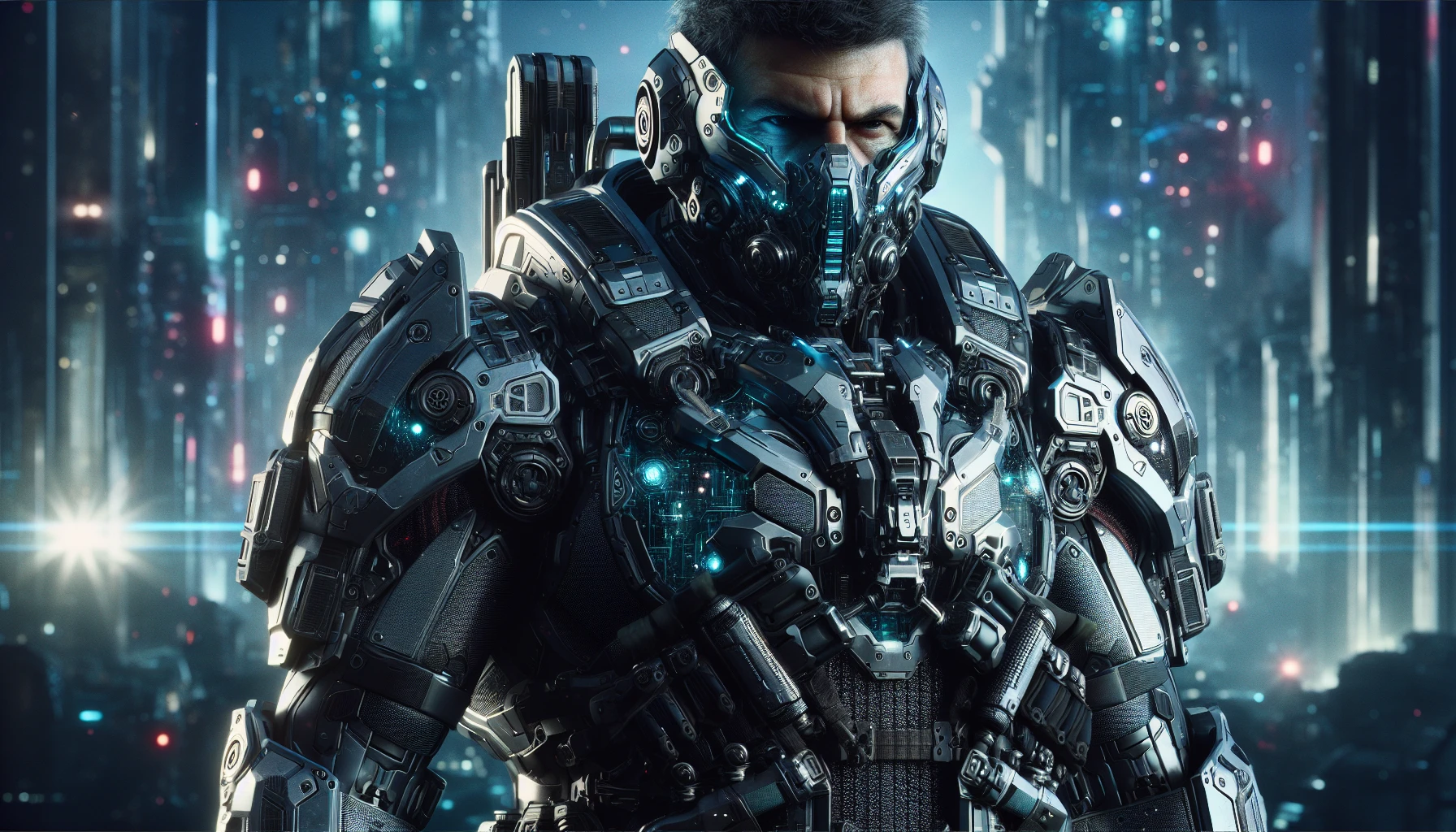 A formidable soldier stands at the forefront, clad in sleek, high-tech power armor that glistens in shades of silver and deep blue. Intricate circuitry pulses with a vibrant glow, hinting at advanced capabilities. The armor is adorned with tactical gear, weapons seamlessly integrated into the suit. In the background, a dystopian cityscape looms, illuminated by neon lights, as the soldier surveys the horizon, ready for battle.