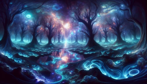 Immerse yourself in a surreal landscape where the Netherworld's dark, ethereal beauty reigns supreme. Envision a twilight realm filled with hauntingly vibrant colors, spiraling shadows, and ghostly apparitions of ancient trees. Wisps of fog swirl around jagged rocks, glimmering with bioluminescent fungi. A celestial river cuts through the scene, reflecting the eerie glow of a full, otherworldly moon, inviting viewers to explore the mysteries of this captivating underworld.