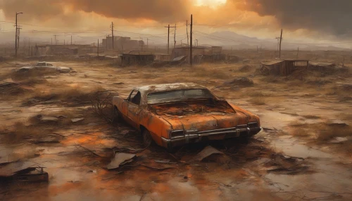 Imagine a vast, barren wasteland where cracked, broken highways snake through the parched earth. The sun hangs low, casting an orange hue over rusting vehicles abandoned on the roadside. Scattered remnants of civilization—faded billboards and shattered signs—dot the landscape, while ominous storm clouds loom, threatening a downpour. The air is thick with anticipation, whispering tales of the past in this hauntingly beautiful dystopia.