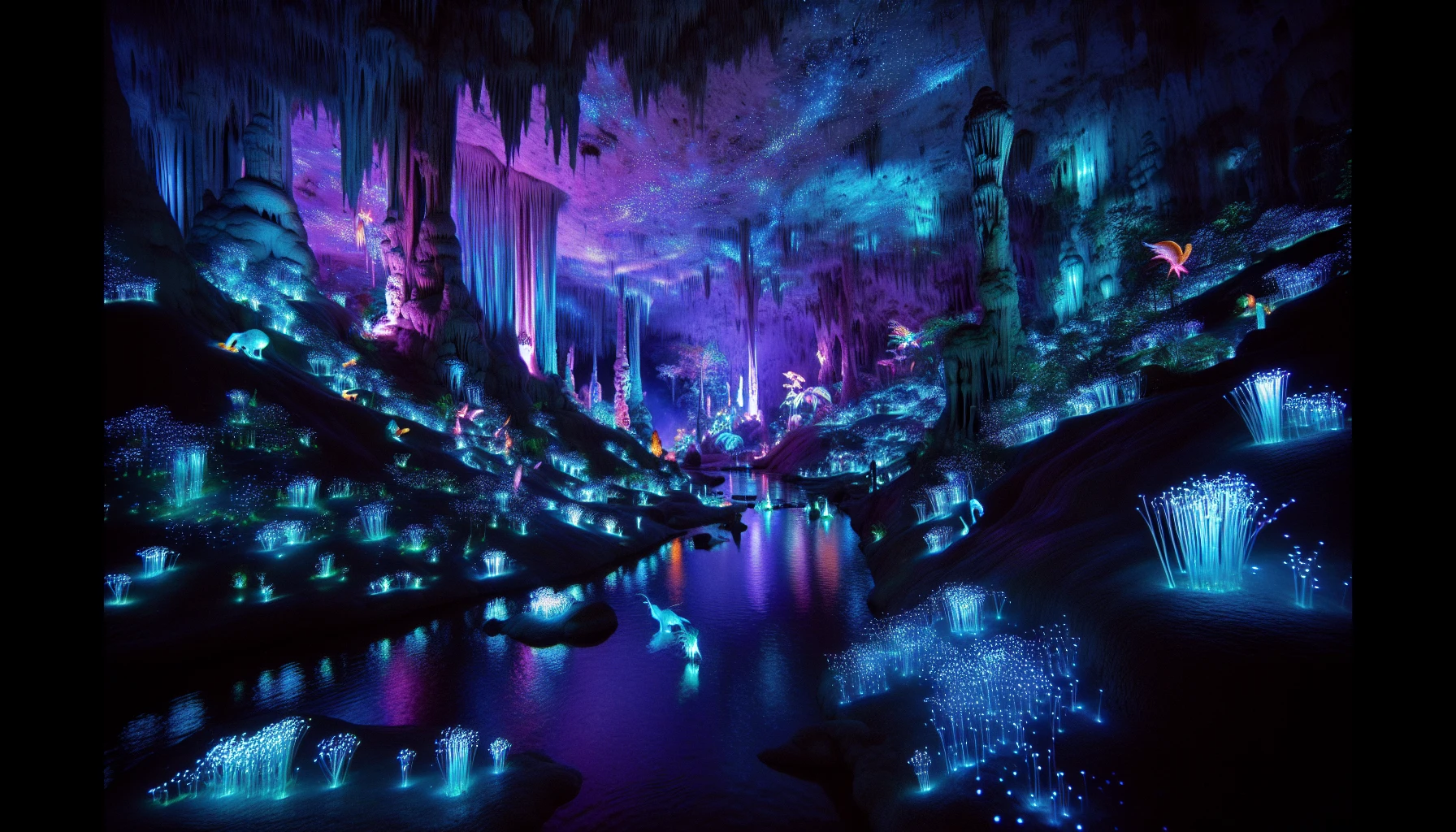 Dive into an enchanting scene where the walls of a vast cave are adorned with shimmering bioluminescent flora, casting a spectral glow in hues of turquoise and violet. Stalactites drape overhead like crystal chandeliers, while ethereal creatures flit about, illuminated by the soft, radiant light. A tranquil underground river winds through the cave, reflecting the vibrant colors and creating a dreamlike atmosphere filled with wonder and serenity.