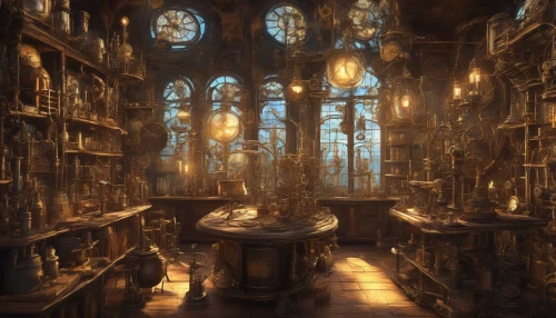 Immerse yourself in a fantastical steampunk workshop, where brass gears and intricate gadgets come to life. Picture towering shelves filled with bubbling potions, vintage tools, and mysterious blueprints scattered across the tabletop. Warm, golden light filters through stained glass windows, illuminating the fine details of ornate machinery. A clockwork contraption whirs softly in the corner, echoing the harmony of creativity and invention in this enchanting space.