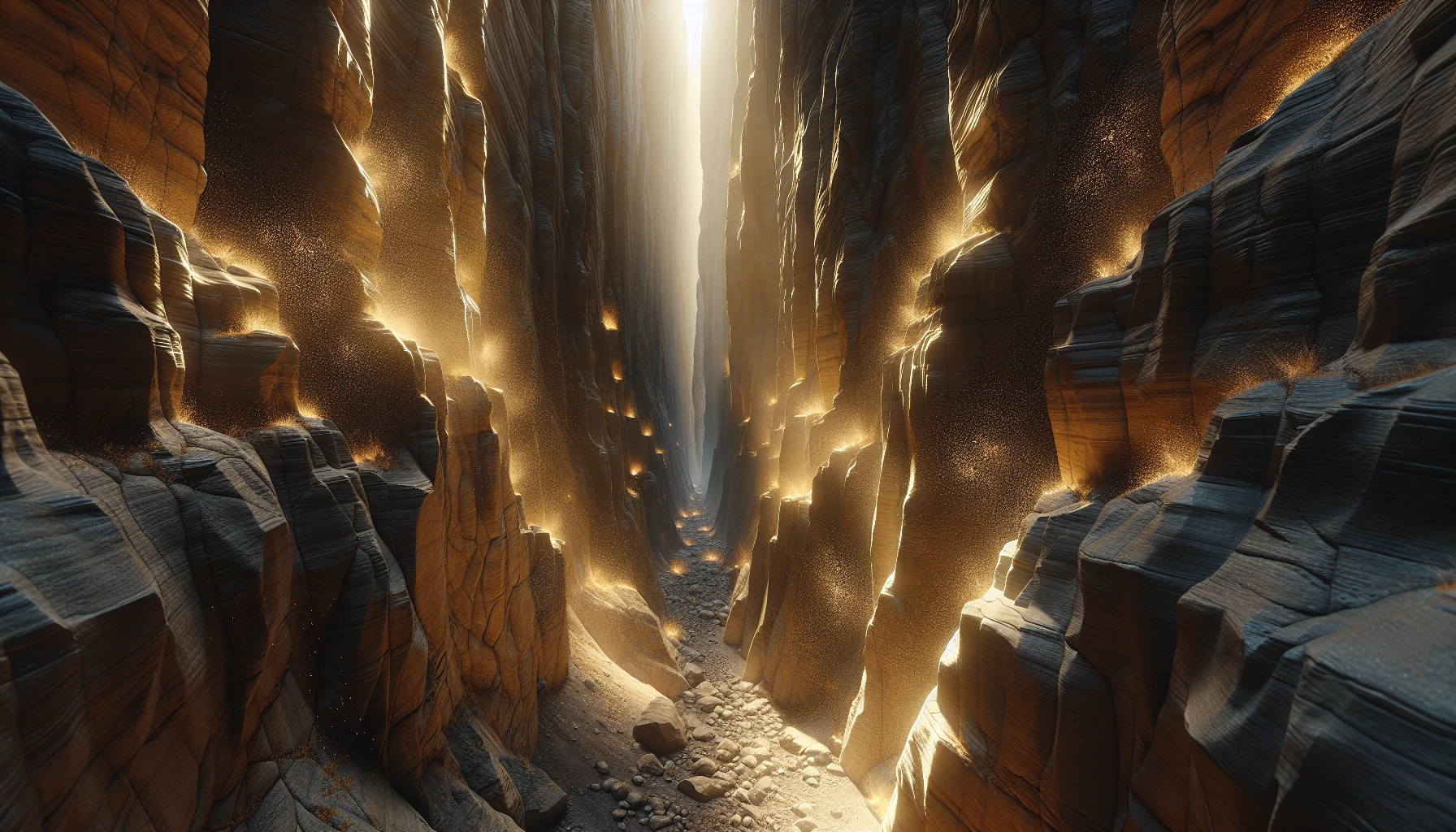 A breathtaking narrow canyon, its jagged walls steeply rising, while vibrant sunlight filters through the tiny crevices above, casting intricate patterns on the rugged floor below. Dust motes dance in the golden beams, creating a magical atmosphere amidst the earthy tones of the stone. The air feels fresh and cool, and the gentle sound of a distant stream adds a serene soundtrack to this enchanting natural wonder.