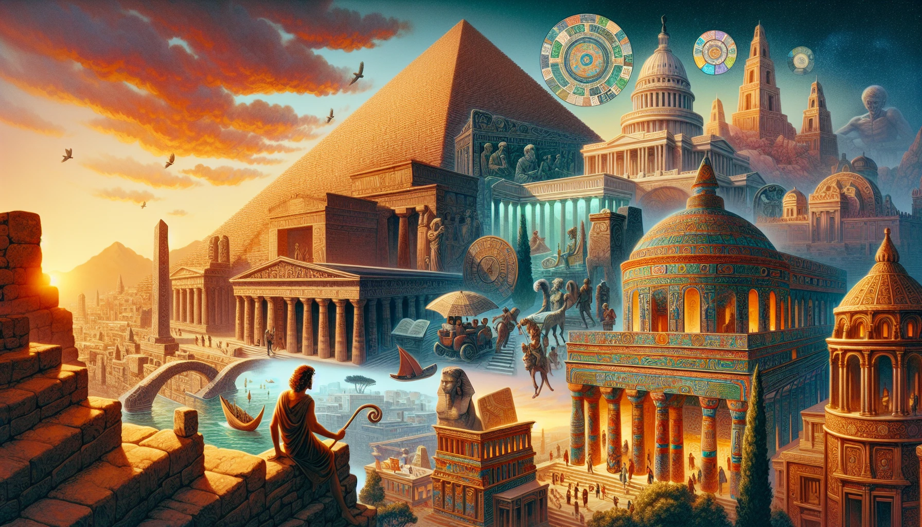 Step into a mesmerizing scene where time travel meets the splendor of ancient civilizations. Imagine standing at the edge of a grand Egyptian pyramid, its stonework glowing under a twilight sky. Flashes of history surround you—a bustling Roman marketplace, philosophers debating in a Greek agora, and vibrant Mayan temples in the backdrop. Each detail invites you to explore the rich tapestry of human heritage and marvel at the stories of our ancestors.