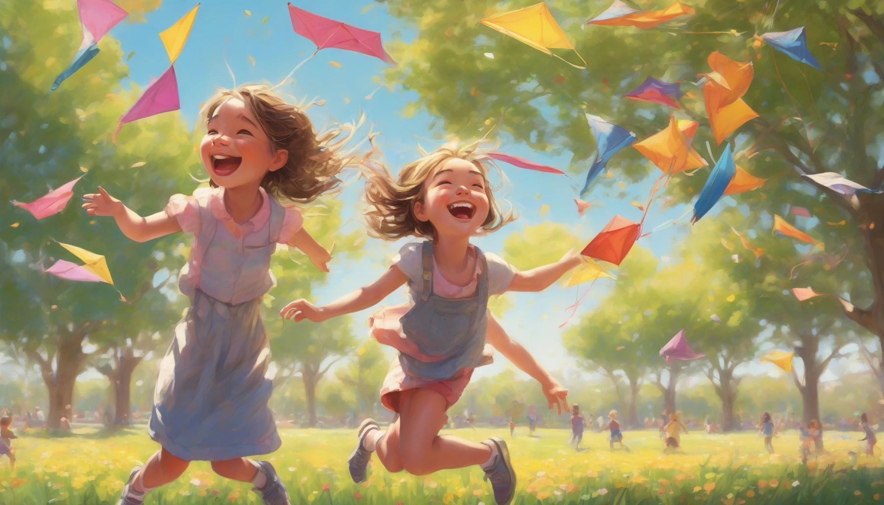 In a sun-drenched park, two childhood friends share a moment of playful teasing, their laughter ringing through the air. The girl with pigtails playfully nudges her friend, who is mockingly pouting, while colorful kites soar above them in the clear blue sky. Flowering trees surround them, and the ground is dotted with dandelions, capturing the innocence and joy of their unbreakable bond.