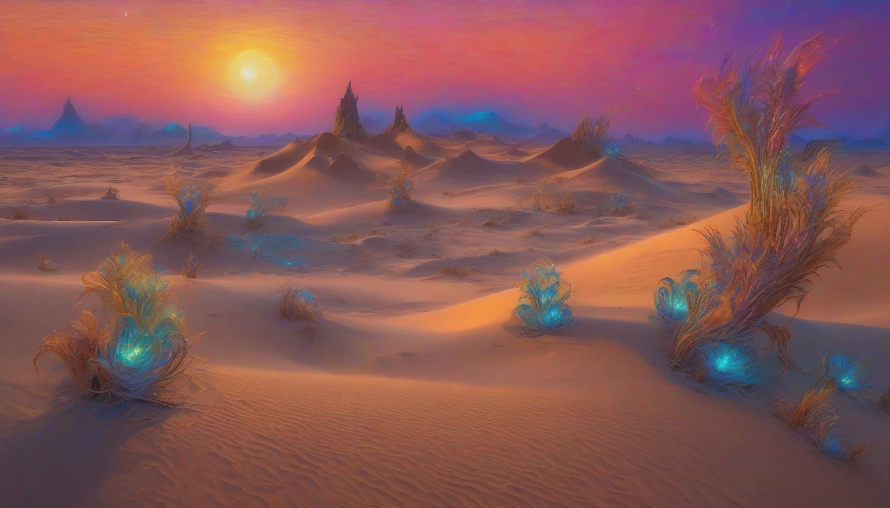 Imagine a vast alien desert under a swirling, colorful sky, where towering crystalline structures jut out from the golden sands. These shimmering formations reflect light in a dazzling array of colors, casting intricate shadows across the landscape. Strange, bioluminescent flora weave through the dunes, their soft glow illuminating the surroundings. In the distance, two moons rise above the horizon, adding an ethereal quality to this otherworldly scene.