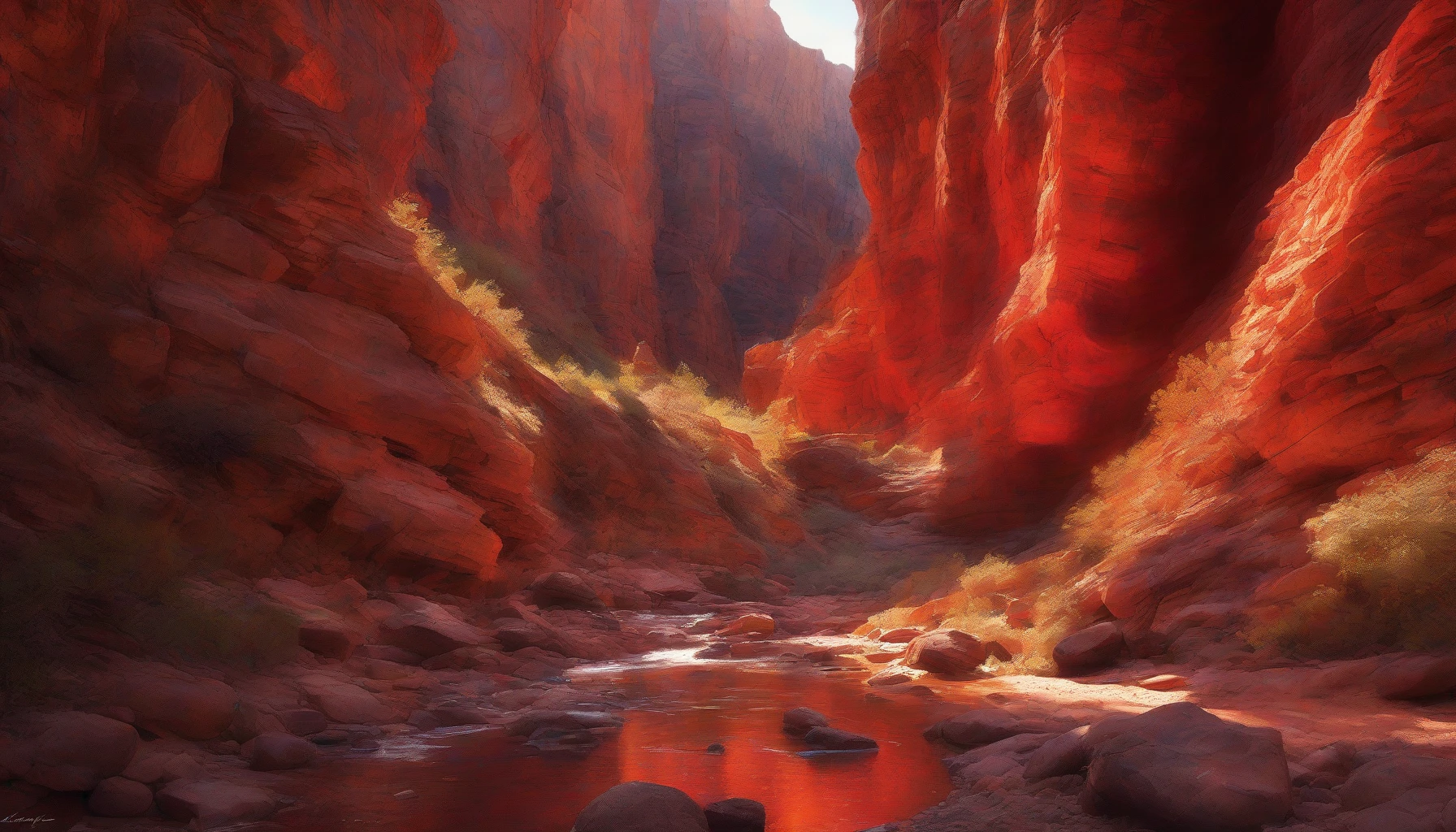 Imagine a narrow canyon, its towering walls glowing in vibrant shades of red and orange as the afternoon sun filters through, creating a mosaic of light and shadow on the rocky ground below. The air is still, carrying the faint scent of warm earth, while the gentle sound of a distant stream adds a serene soundtrack to this natural wonder. Luminous beams pierce through the crevices, illuminating the hidden beauty of the canyon’s rugged details.