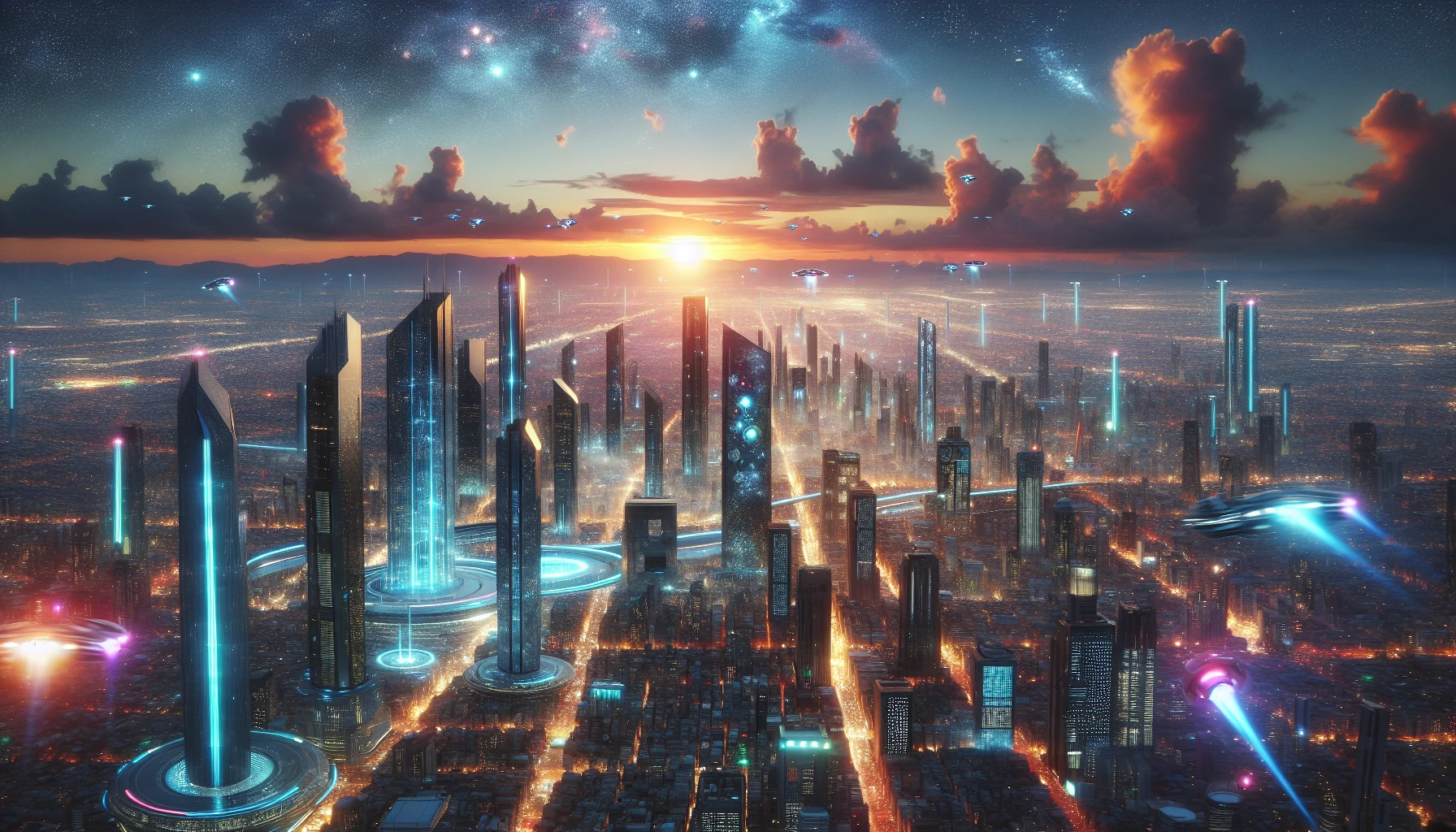 Imagine a sprawling metropolis shimmering under a twilight sky, where sleek, towering skyscrapers crafted from glass and metal pierce the clouds. Neon lights flicker to life, casting vibrant colors across the streets filled with hovering vehicles. In the distance, a colossal, glowing spaceport prepares for interstellar travel, while diverse alien lifeforms mingle with humans. Above, drones dart through the air, adding to the surreal beauty of this advanced civilization.