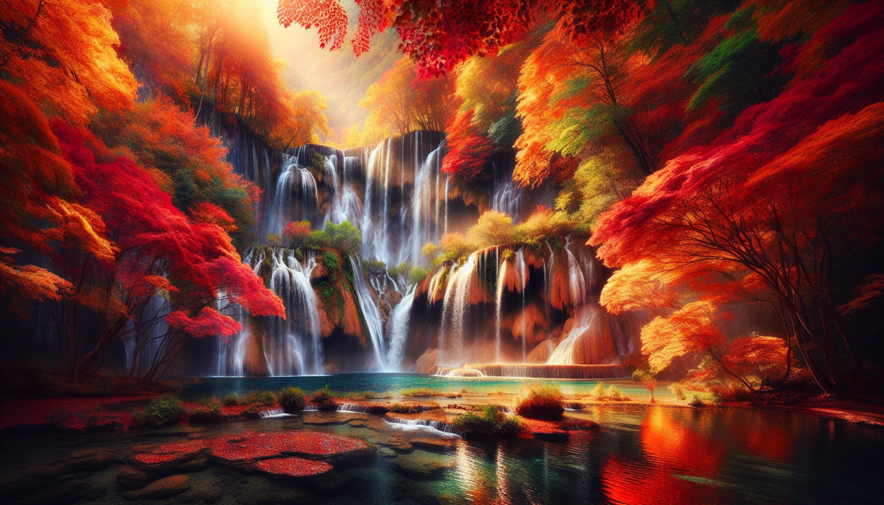 A breathtaking scene of a majestic waterfall tumbling down rocky cliffs, surrounded by vibrant autumn foliage. The crystal-clear water splashes into a tranquil pool, reflecting the fiery reds, oranges, and yellows of the surrounding trees. Sunlight filters through the leaves, casting intricate shadows on the ground, while a gentle breeze carries the fresh scent of damp earth and falling leaves, inviting viewers into nature's tranquil embrace.