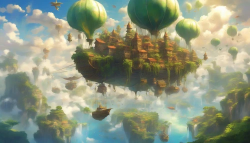 Imagine a stunning sky filled with lush, green floating islands, each adorned with cascading waterfalls and vibrant flowers. Majestic airships with billowing sails navigate the vast expanse of fluffy white clouds, casting shadows over the islands below. The sun casts a golden hue, illuminating the ethereal scene, while exotic birds soar between the islands. This fantastical realm invites exploration and wonder in every corner of the sky.