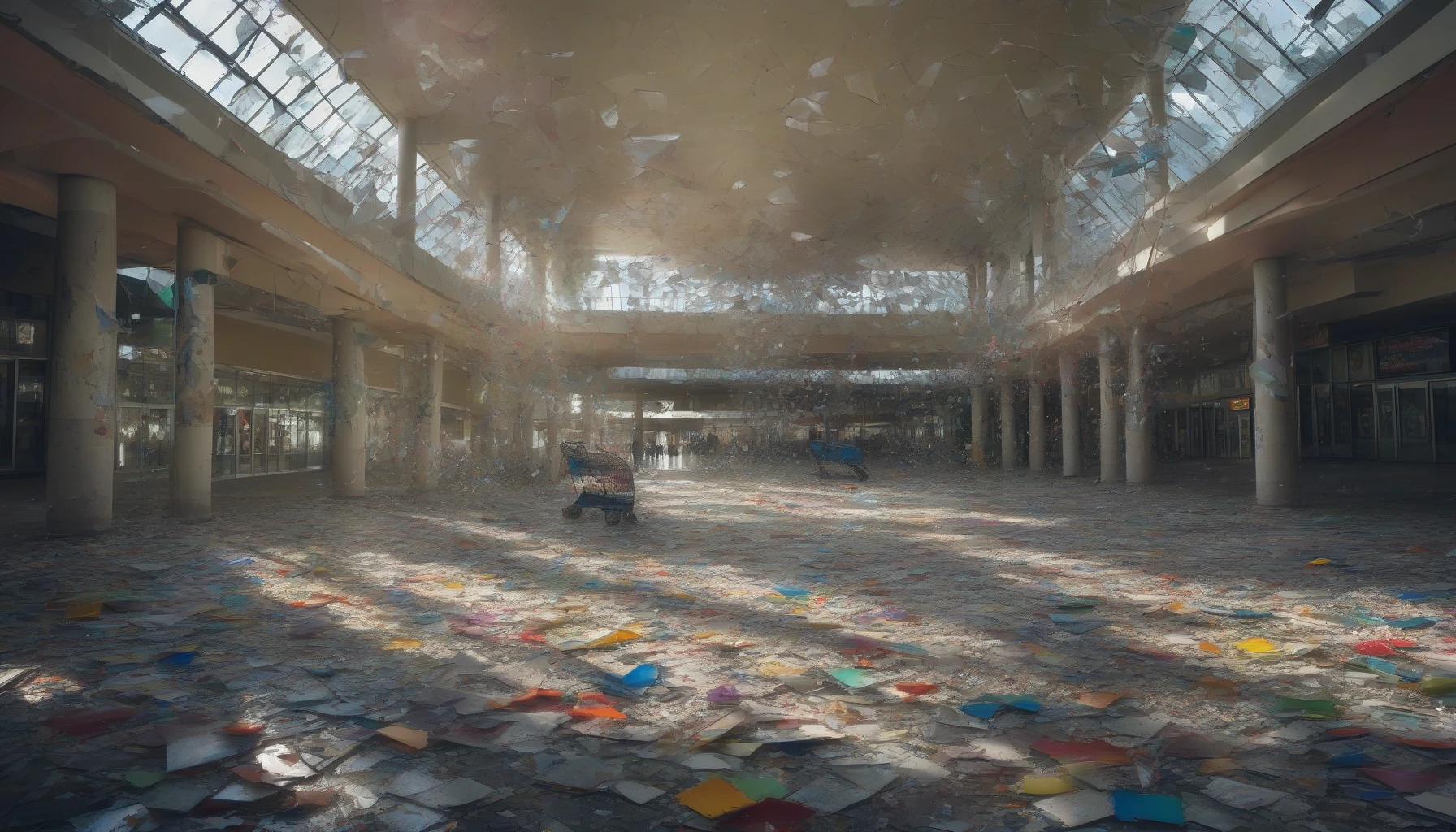 A hauntingly beautiful scene unfolds in an abandoned mall, where shattered glass and debris create a chaotic yet captivating atmosphere. Sunlight streams through jagged openings, casting fragmented rainbows across the dusty floor. Cracked tiles and overturned shopping carts tell a story of neglect and loss. Vines creep through the remnants of consumer culture, weaving nature’s reclamation into the eerily silent corridors, making this decay a mesmerizing backdrop of resilience.