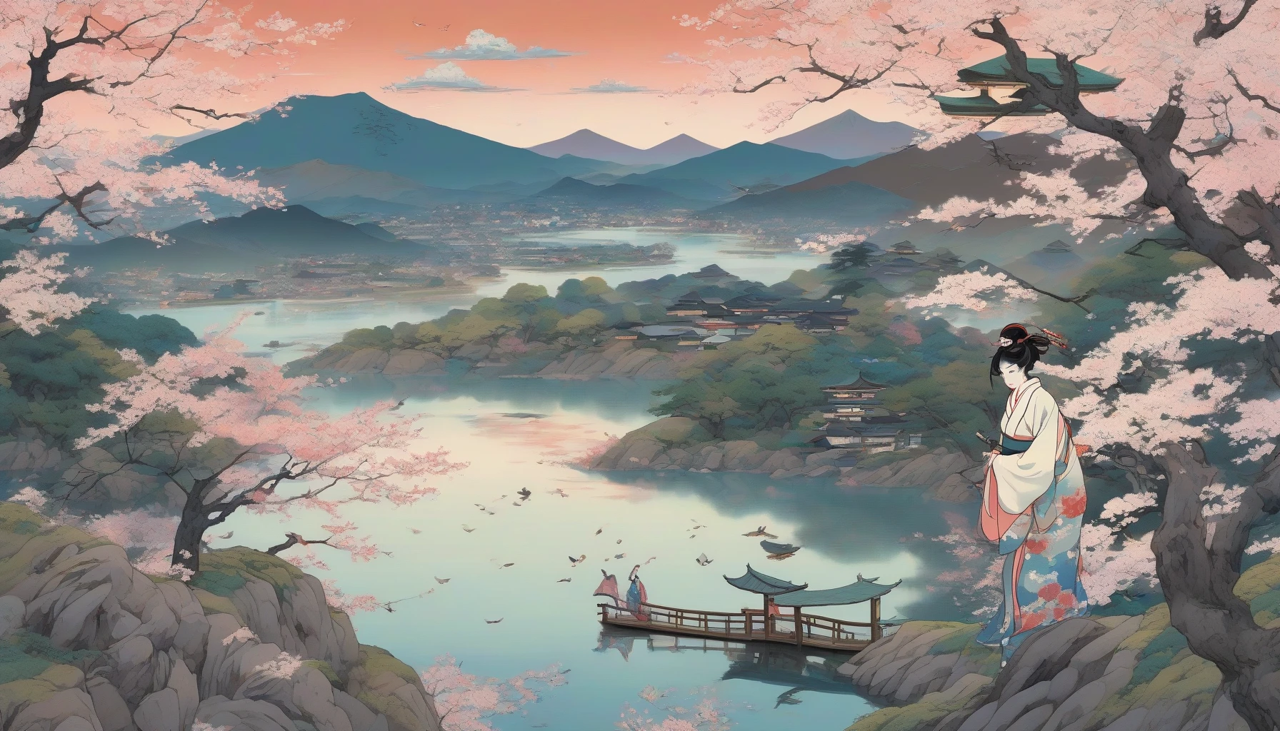 Imagine a mesmerizing scene that intertwines the elegance of traditional ukiyo-e art with vibrant anime aesthetics. A serene landscape features rolling hills adorned with cherry blossoms, and a gentle river reflecting soft pastel skies. In the foreground, a graceful figure in a flowing kimono stands poised, surrounded by ethereal creatures inspired by folklore. The intricate details and rich colors create a captivating harmony that pays homage to both styles.