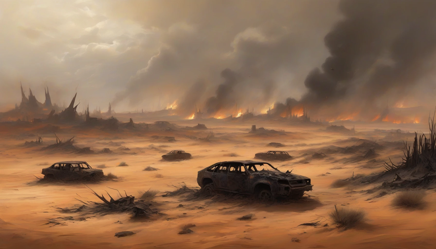 A haunting vista of a war-torn desert, where the sandy expanse meets the charred remains of burnt vehicles. Jagged metal shards peek through the dunes, glistening under a relentless sun. Smoke billows in the distance, merging with the fiery remnants of battle. The sky, a brooding canvas of oranges and blacks, sets an apocalyptic tone, while scattered debris narrates stories of conflict and survival in this arid wasteland.