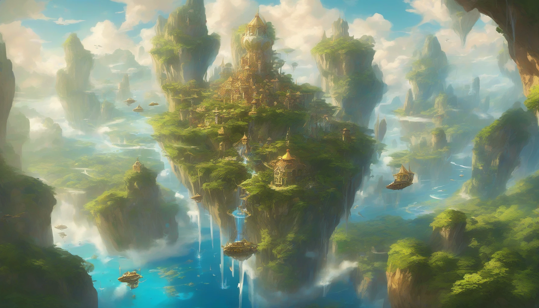 Envision a breathtaking fantasy world where colossal floating islands drift through a vibrant azure sky, each adorned with lush greenery and cascading waterfalls. Graceful airships glide between these majestic formations, their sails billowing in the gentle breeze. Sunlight bathes the scene in a golden glow, illuminating the curious inhabitants exploring the islands. Wisps of clouds dance around the peaks, creating a dreamlike atmosphere of wonder and adventure.