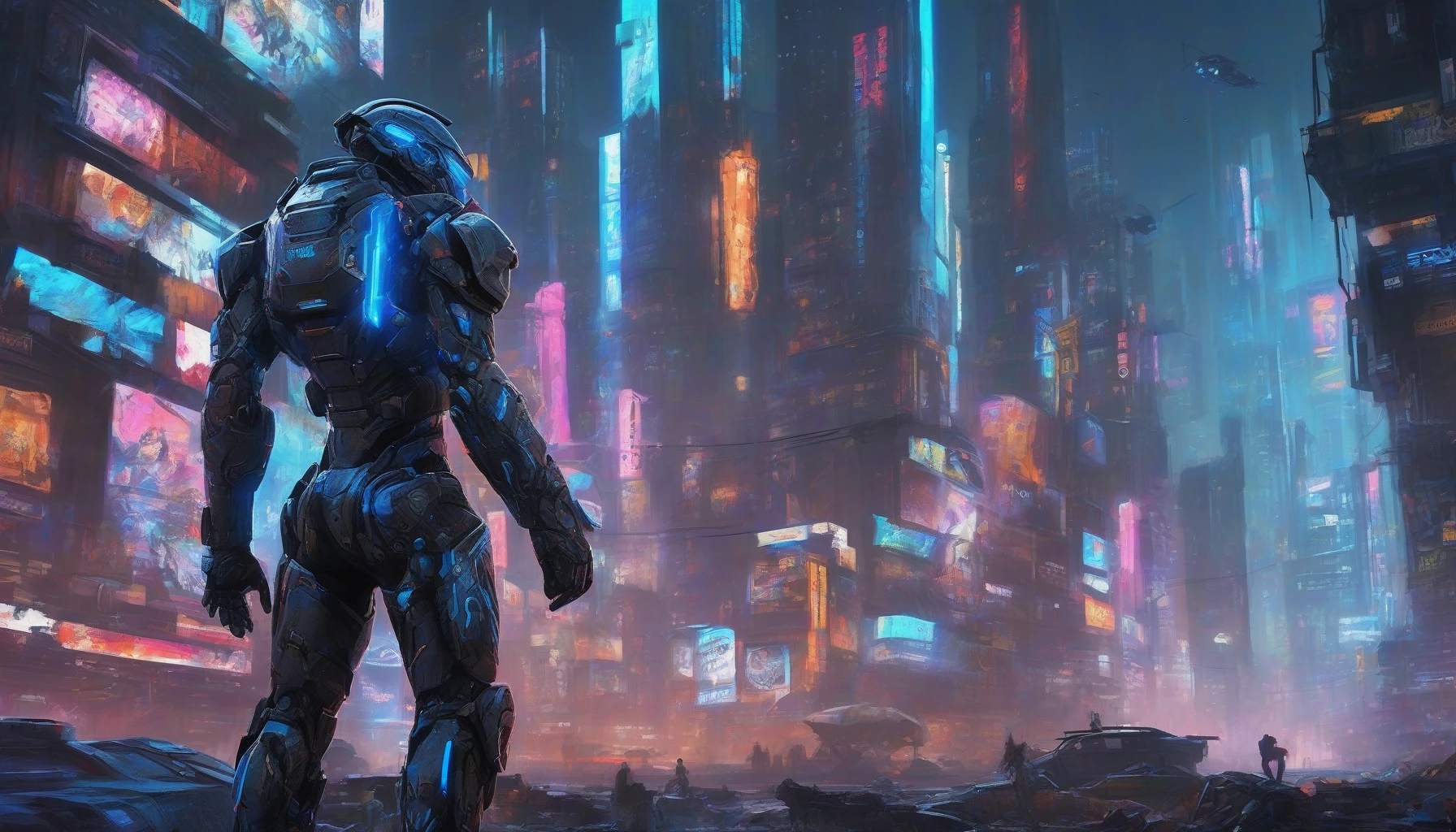 Envision a towering futuristic soldier clad in sleek, high-tech power armor that glimmers under neon lights. The armor, a blend of matte black and vibrant blue accents, showcases advanced weaponry integrated into its design. The soldier stands poised atop a ruined cityscape, with a distant skyline filled with holographic advertisements and flying drones. His visor reflects the chaotic beauty of a cyberpunk world, ready to defend against unseen threats.