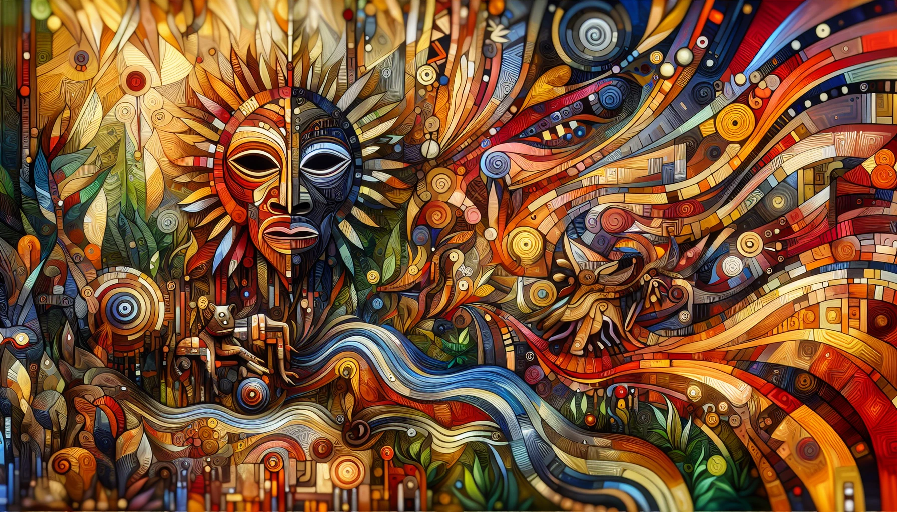 Immerse yourself in a vibrant tapestry of colors and patterns as tribal African art comes alive in this stunning visual. Intricate motifs dance across the canvas, depicting ancient stories and rich cultural heritage. The bold imagery, featuring traditional masks, animals, and nature, invites viewers to explore the depths of African traditions, while the rhythmic lines and textures create a dynamic movement that captivates the soul.