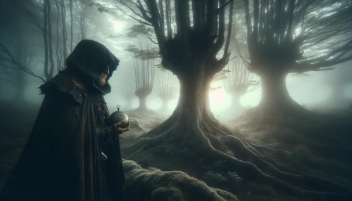 In a hauntingly beautiful landscape, a solitary traveler wanders through a mist-shrouded forest, their tattered cloak billowing in the chilly breeze. Shadows of ancient trees loom overhead, whispering secrets of a mysterious past. Their face, partly obscured by a hood, reveals glimmers of deep sorrow and determination. Delicate rays of sunlight pierce through the fog, illuminating a weathered compass clutched tightly in their hand, hinting at a lost destiny.