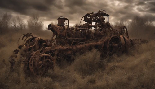 A hauntingly beautiful scene unfolds in a desolate field littered with the remnants of colossal machinery, their once-vibrant forms now cloaked in rust and decay. The eerie silence is punctuated by the creaking of twisted metal, as nature begins its slow reclaiming of this forsaken landscape. Overgrown weeds snake through shattered gears, while the sky darkens overhead, casting an ominous shadow on the remnants of a forgotten era.