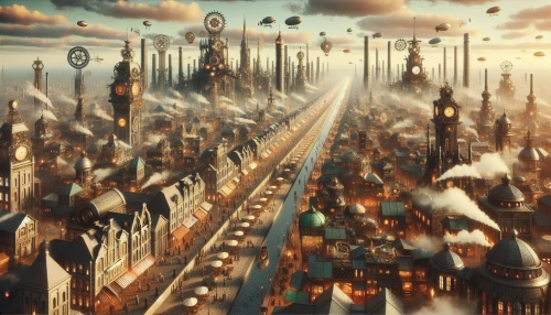 Envision a sprawling steampunk city where towering clockwork spires dominate the skyline, their intricate gears and cogs glinting in the warm glow of gaslight. Cobblestone streets wind through bustling marketplaces filled with eccentric inventors and whimsical airships soaring overhead. Steam billows from ornate factories, while the rhythmic ticking of massive clocks creates a symphony of industry. The atmosphere is alive with creativity, innovation, and a touch of nostalgia.