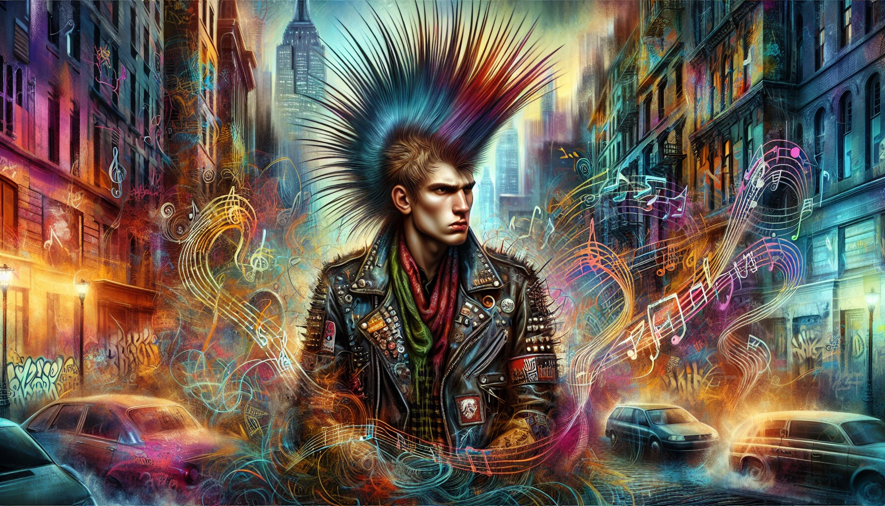 Imagine a vibrant scene featuring a punk rocker at the center, showcasing an electrifying spiked hairstyle that defies gravity. Clad in a leather jacket adorned with studs and patches, the figure exudes rebellion. The background is a chaotic urban landscape with graffiti splashed walls, a burst of color and energy. The air is thick with attitude, as music notes swirl around, adding to the raw, untamed spirit of punk culture.