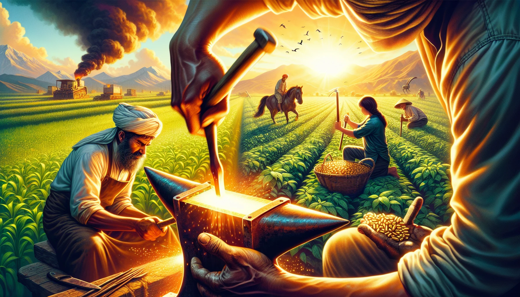 Envision a vibrant scene depicting the essence of work and labor, showcasing a diverse group of individuals engaged in various trades. The foreground features a blacksmith hammering glowing metal, while a farmer tends to lush crops in the background. The atmosphere is alive with energy, the sun casting warm hues over industrious hands at work, embodying the spirit of dedication, resilience, and the beauty of craftsmanship.